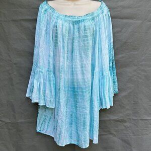 Elan Size Large Blue White Tie Dyed Dress Cover Up Swim Boho Off The Shoulder